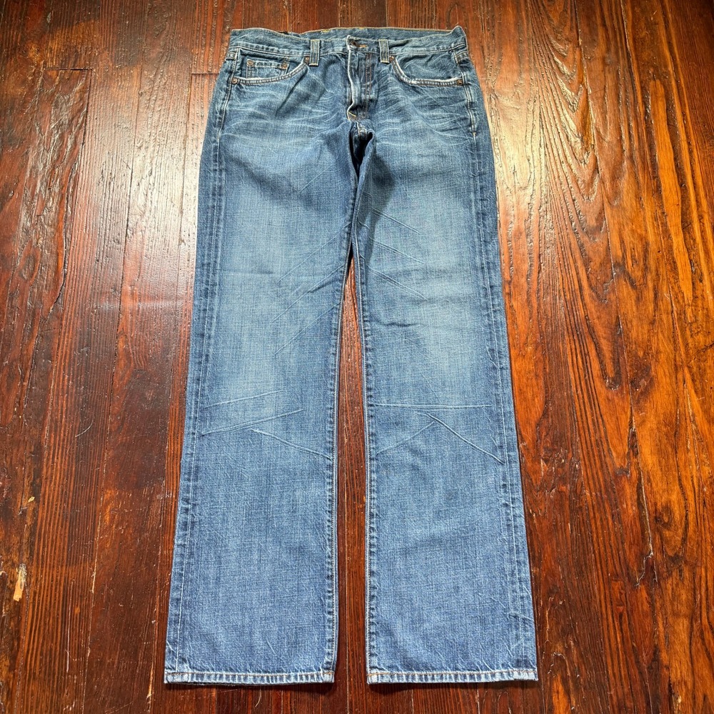 Lucky Brand Vintage Straight Jeans Mens 30 Blue Distress USA Made Fade Whiskers